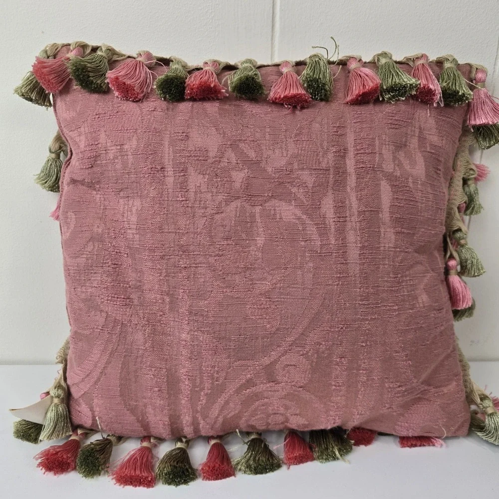 Villiers Regency Pink Damask Silk‎ Tassel Fringe Decorative Accent Pillow 12x12